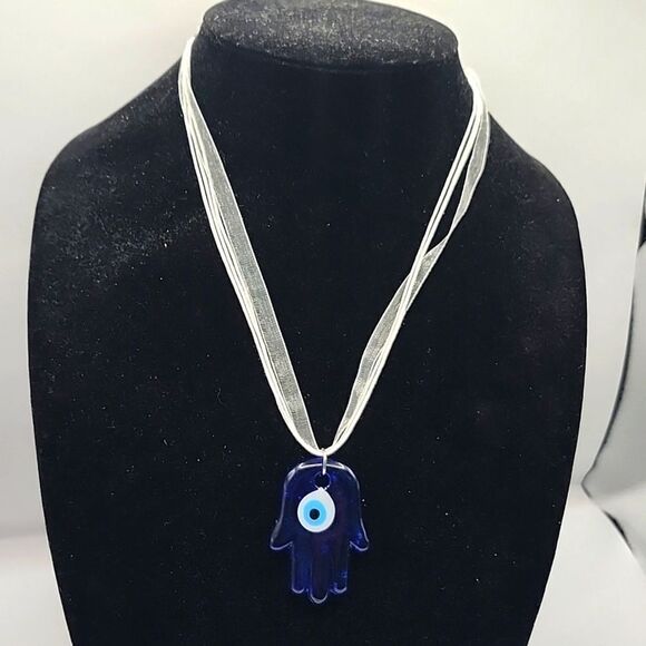 Handmade Custom Midnight Guardian hamsa evil eye white ribbon necklace - Picture 1 of 6